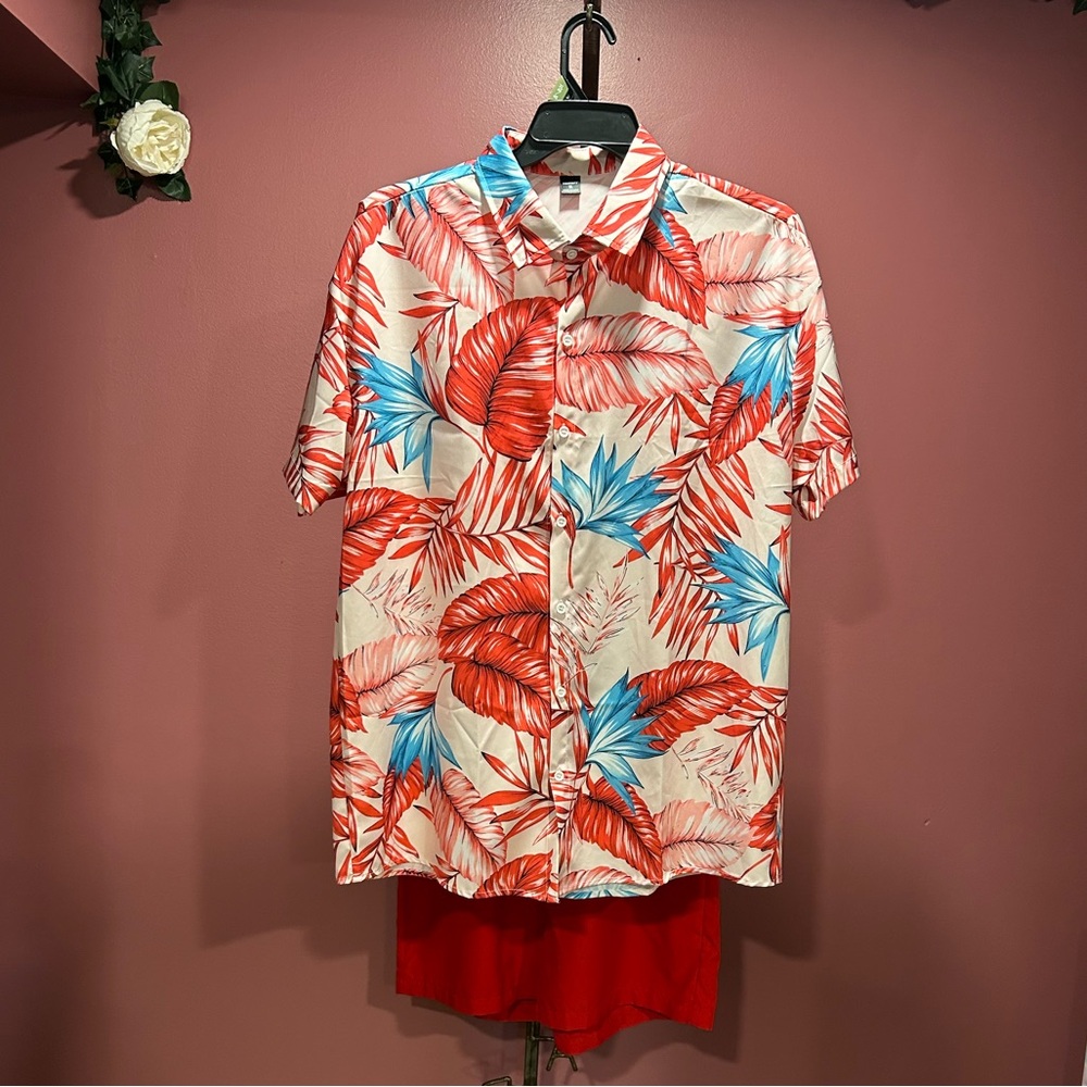 NFINITY Red and Blue Leaf Print Shirt